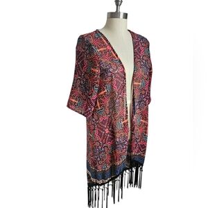 RUE 21 Short Sleeve Fringed Tribal Print Kimono | SZ M